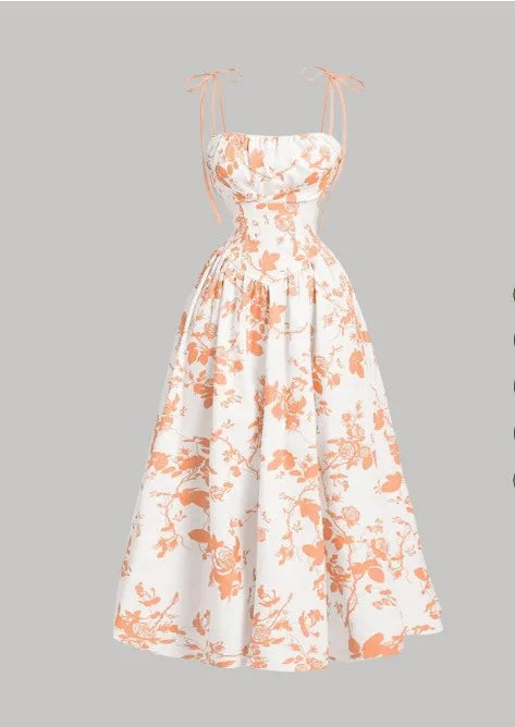Women's Floral Slip Dress French Vintage High Waist Casual Sundress