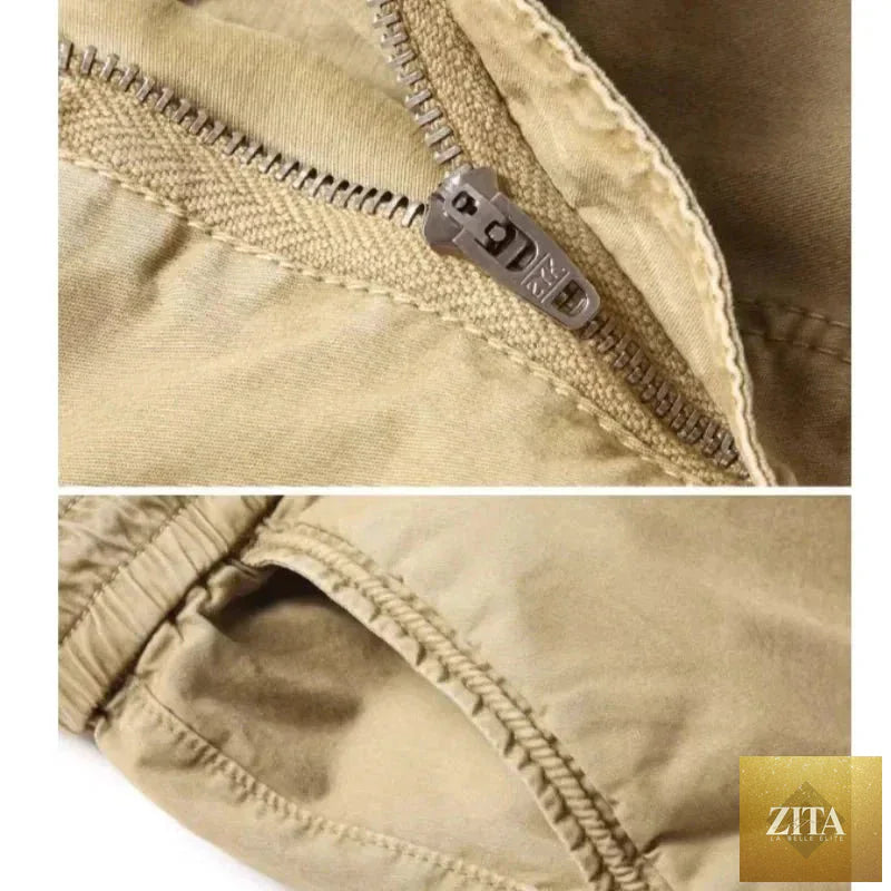 Mandotos men's gray cargo pants with multiple pockets, cotton fabric, full-length tactical military-style design.