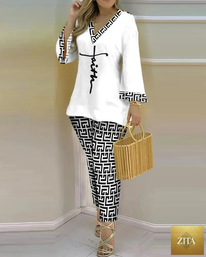 Women's long sleeve V-neck two-piece set by Trendy Attic Store01 featuring printed polyester fabric and stylish design.