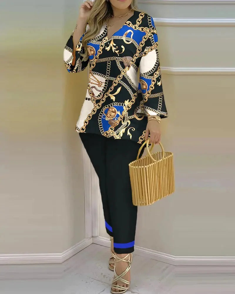 Women's long sleeve V-neck polyester two-piece set featuring printed design, stylish and comfortable for casual wear.