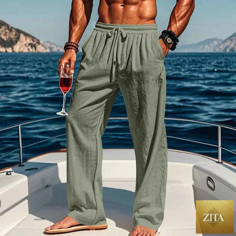Men's linen yoga pants in 16 colors by THRIXINE, lightweight and breathable for spring and summer yoga sessions.