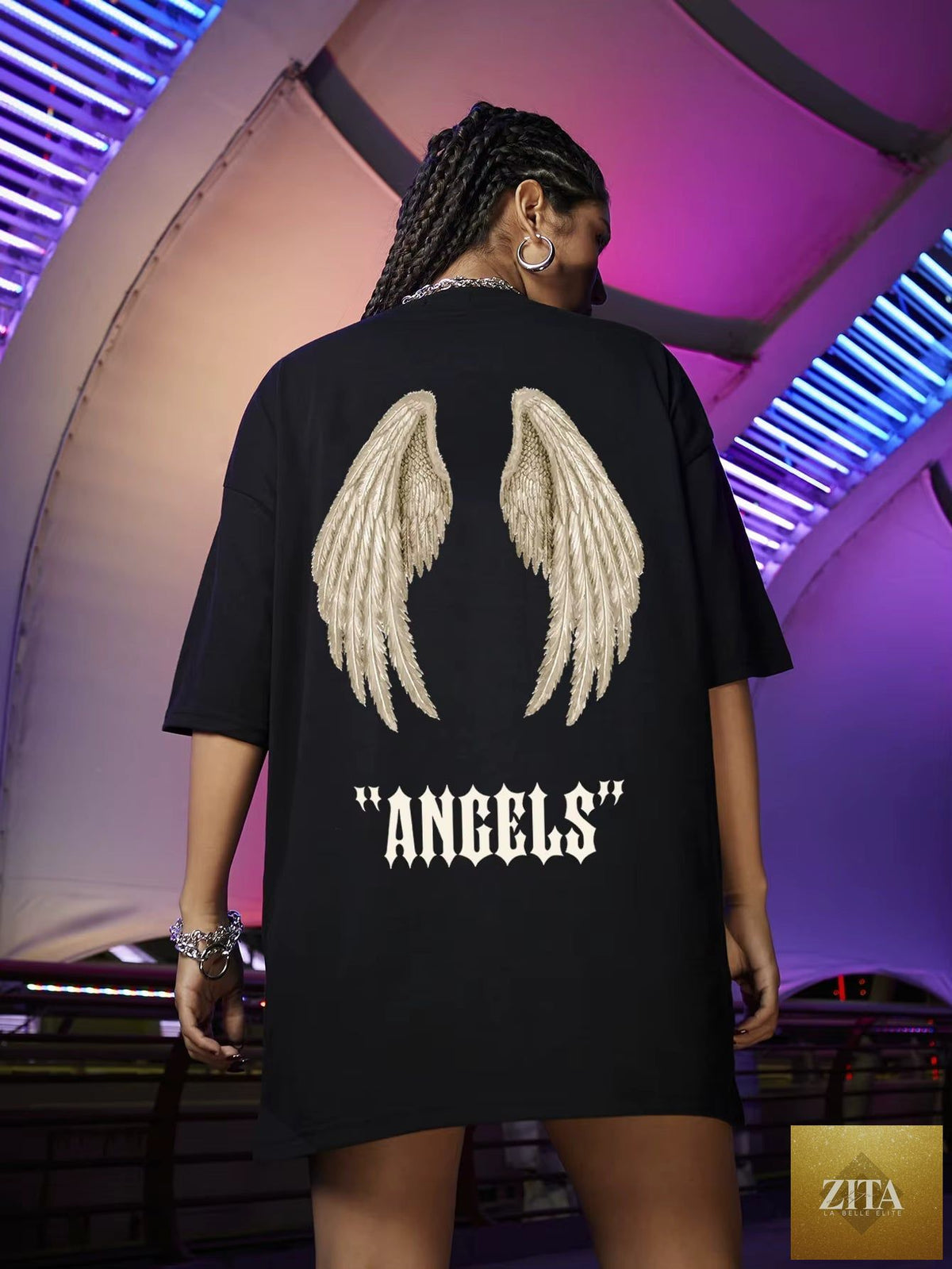 Female cotton streetwear tee with Wings Angels printing by FitiqueFit, featuring a casual fit and stylish graphic design.