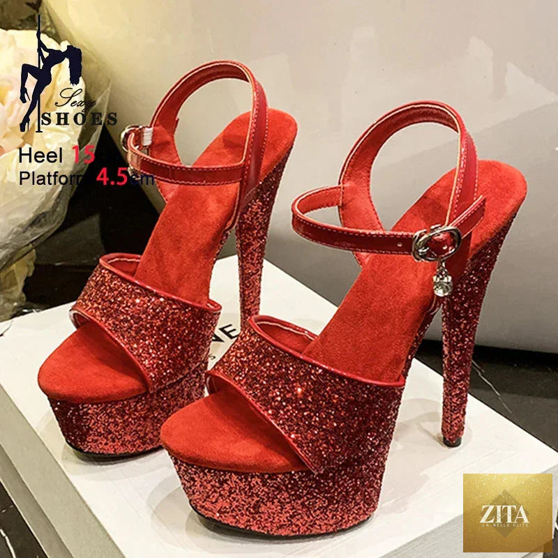 Women platform high heels by LadyShow.Store, 15cm glitter sequin runway shoes for nightclub parties, available in big sizes 34-43.