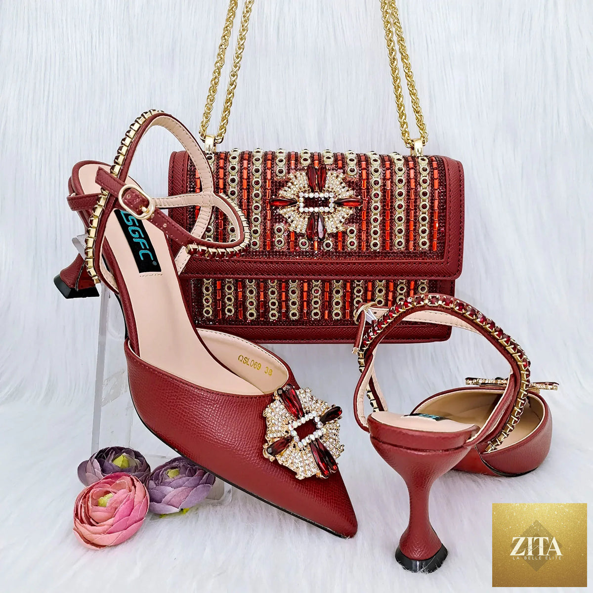 Luxurious EdleessFashion Italian shoes and matching evening bag set for elegant parties, featuring stylish design and quality materials.