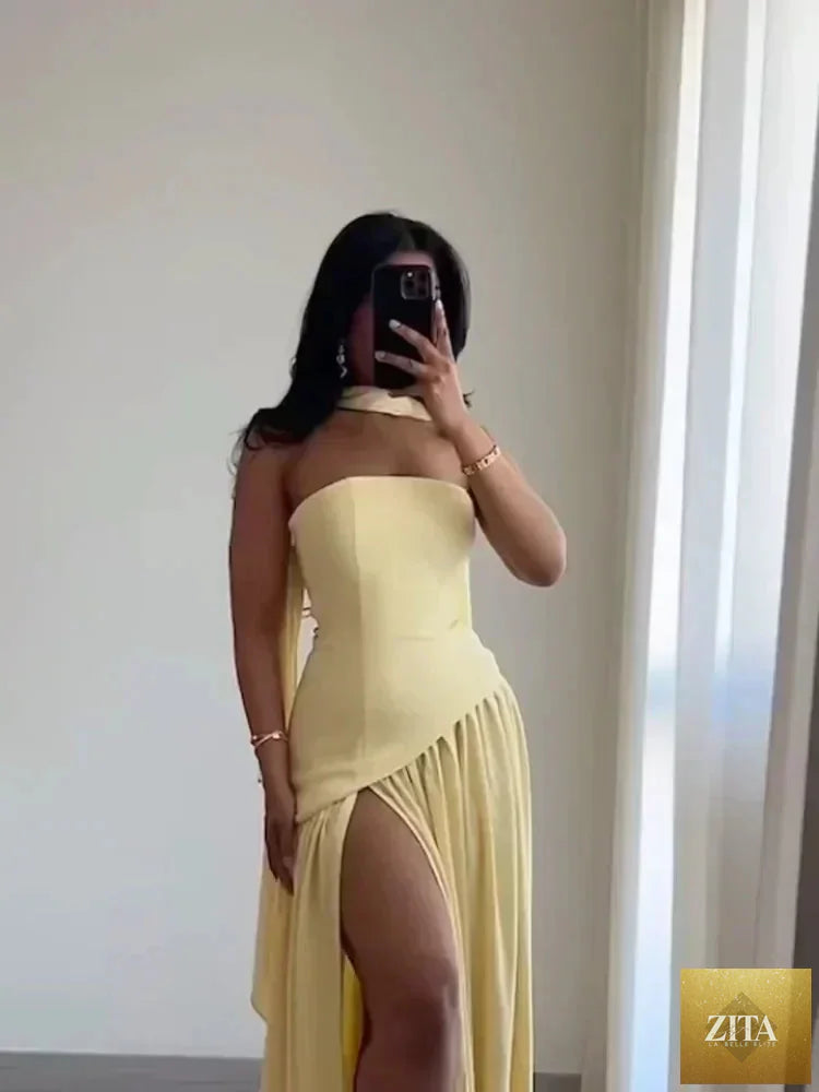 Elegant solid spliced ribbon maxi dress for women, strapless, sleeveless, with a slit, perfect for summer holidays and parties.