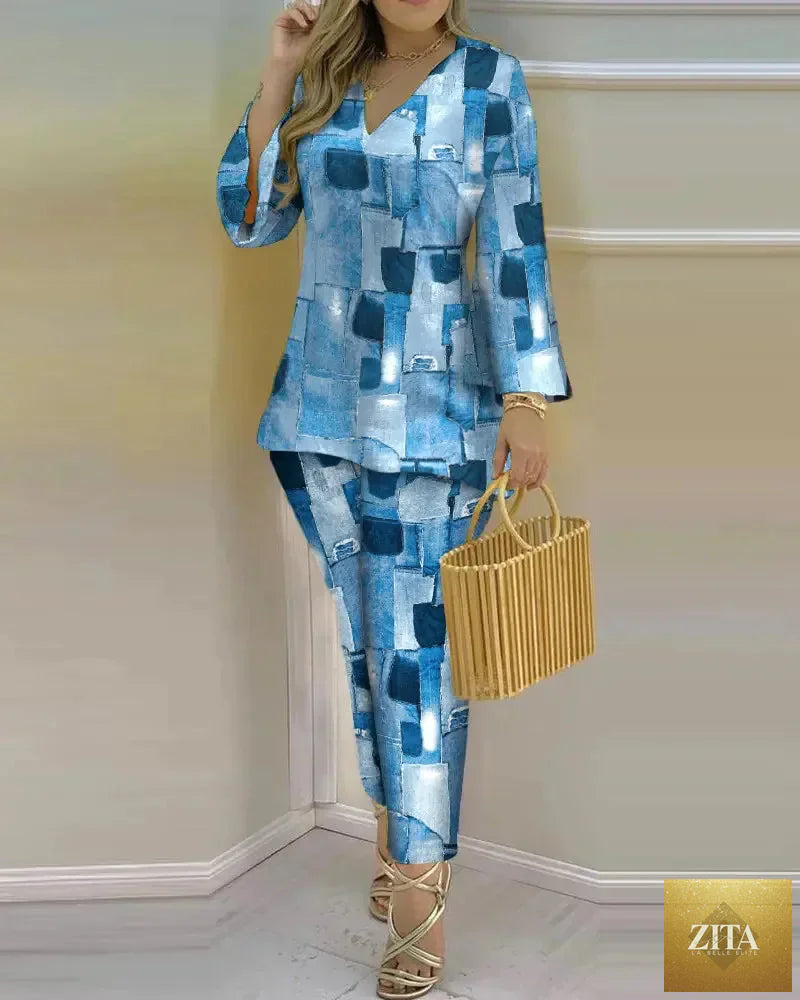 Women’s long sleeve V-neck two-piece set with printed polyester fabric, stylish and comfortable for casual wear.