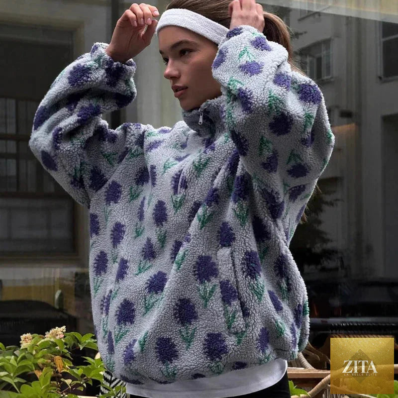 LadyShow Women's fleece printing sweatshirt featuring a half-zip, loose fit, turtleneck, perfect for winter leisure wear.