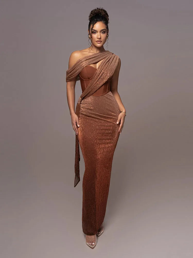 Brown one-shoulder glitter long dress for women, backless bodycon gown with draped design, perfect for evening parties and events.