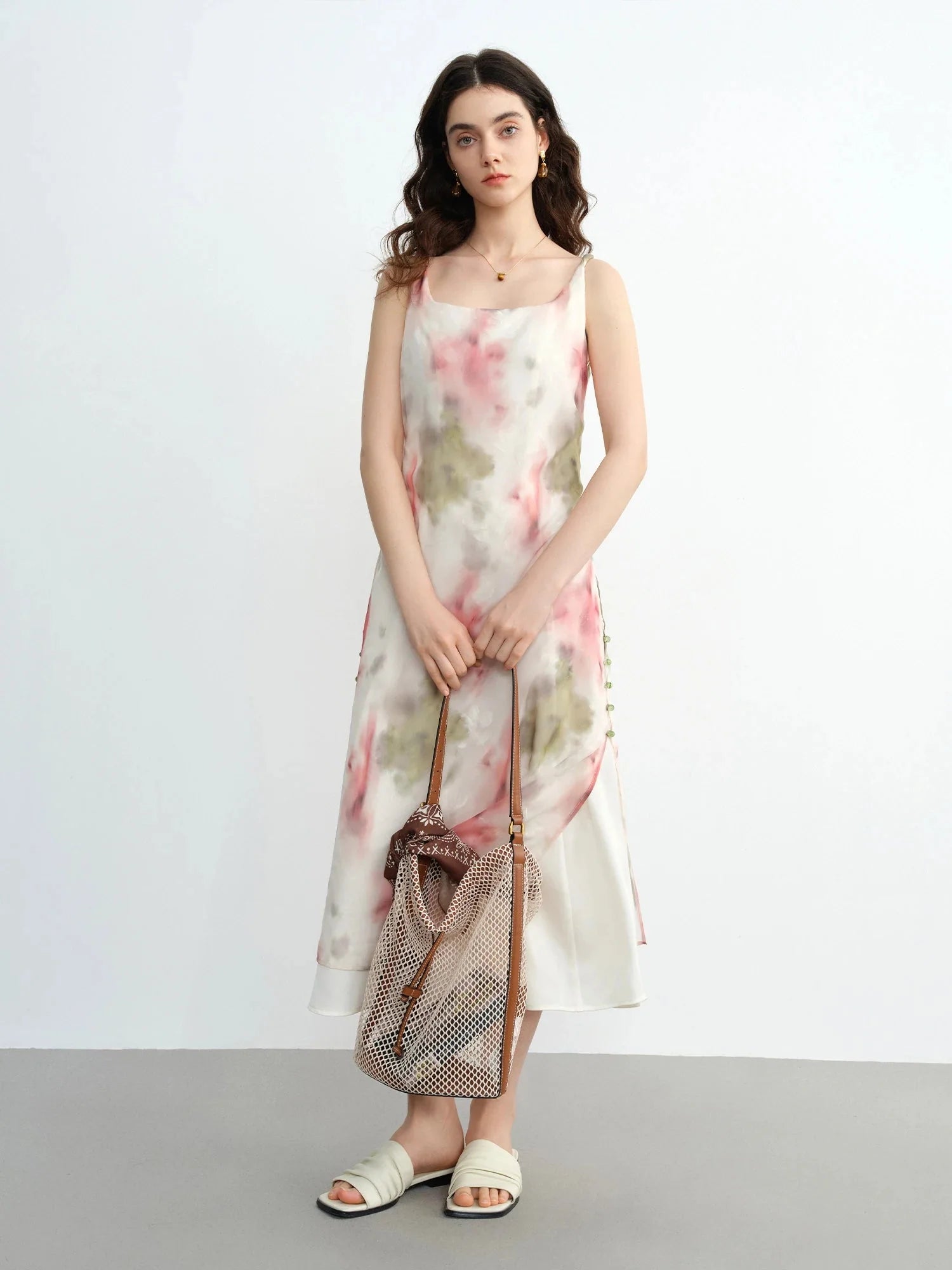 Plus size Loran flocked blush strap dress with romantic summer style, featuring a fitted silhouette and delicate floral texture.