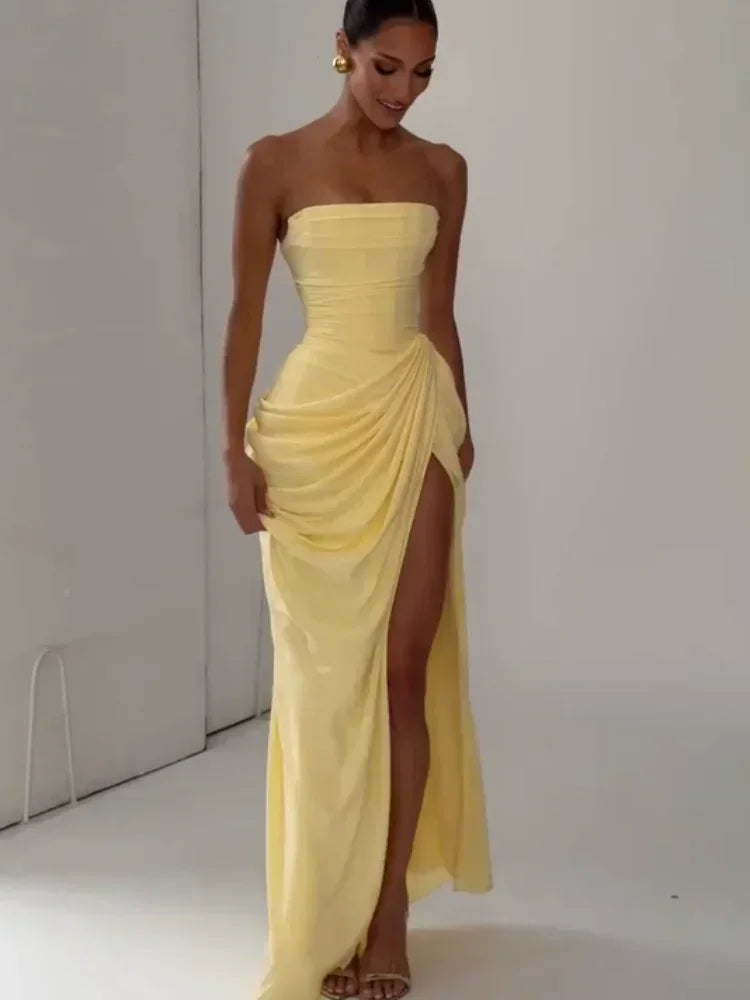 FLIPSTYLEZLLC solid pleated strapless backless summer evening dress with high waist, split, off-shoulder design for women.