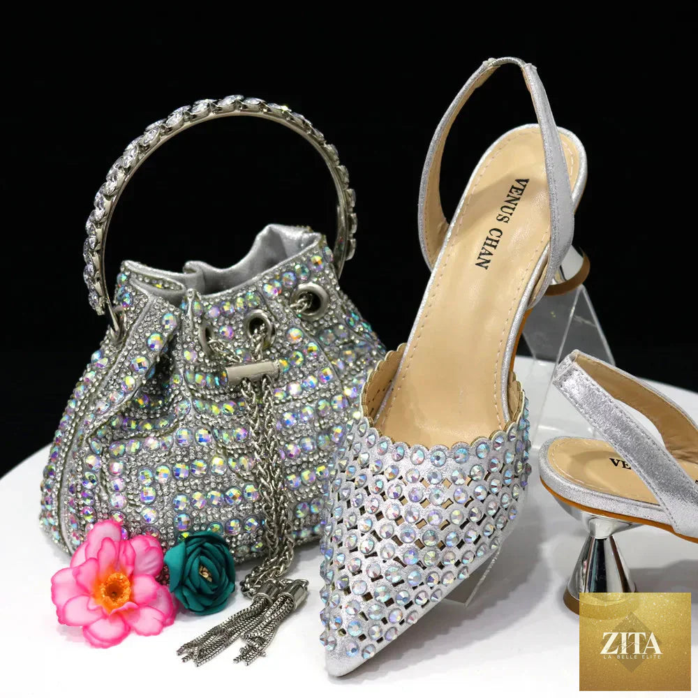 Luxurious EdleessFashion diamond design shoe and bag set featuring elegant footwear and matching handbags.