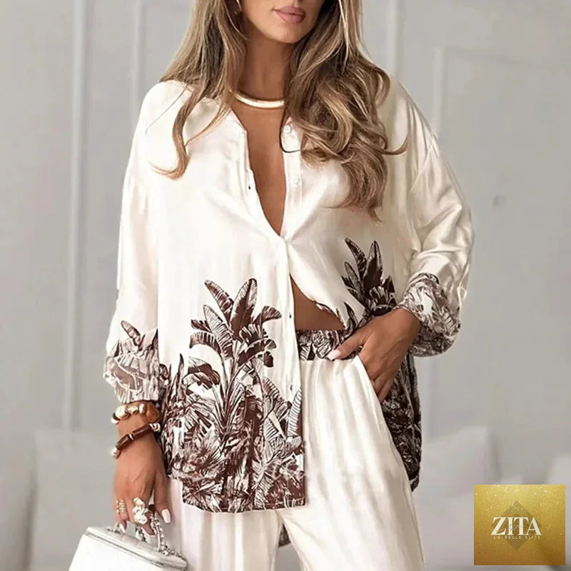 Elegant Women Loose Two Piece Set Chic Floral Print Long Sleeve Shirt Wide Leg Pants Set Bohemian Outfits Loungewear Pajamas Set