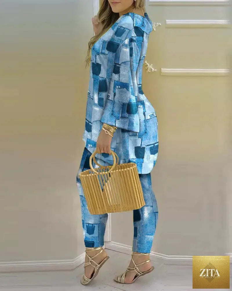 Women’s long sleeve V-neck two-piece set made of polyester with printed design, stylish and comfortable for casual wear.