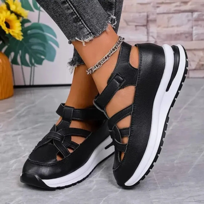 Casual hollow-out flat sandals for women with thick platform, rubber sole, summer style, by LadyShow.Store.