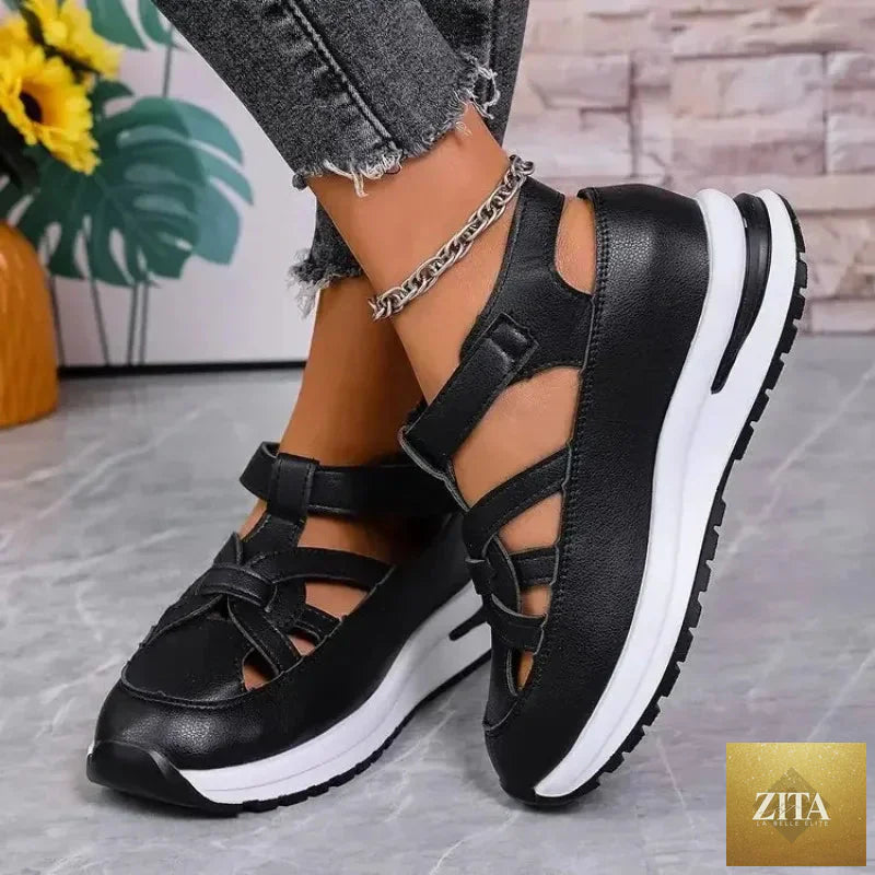 Casual hollow-out flat sandals for women with thick platform, rubber sole, summer style, by LadyShow.Store.