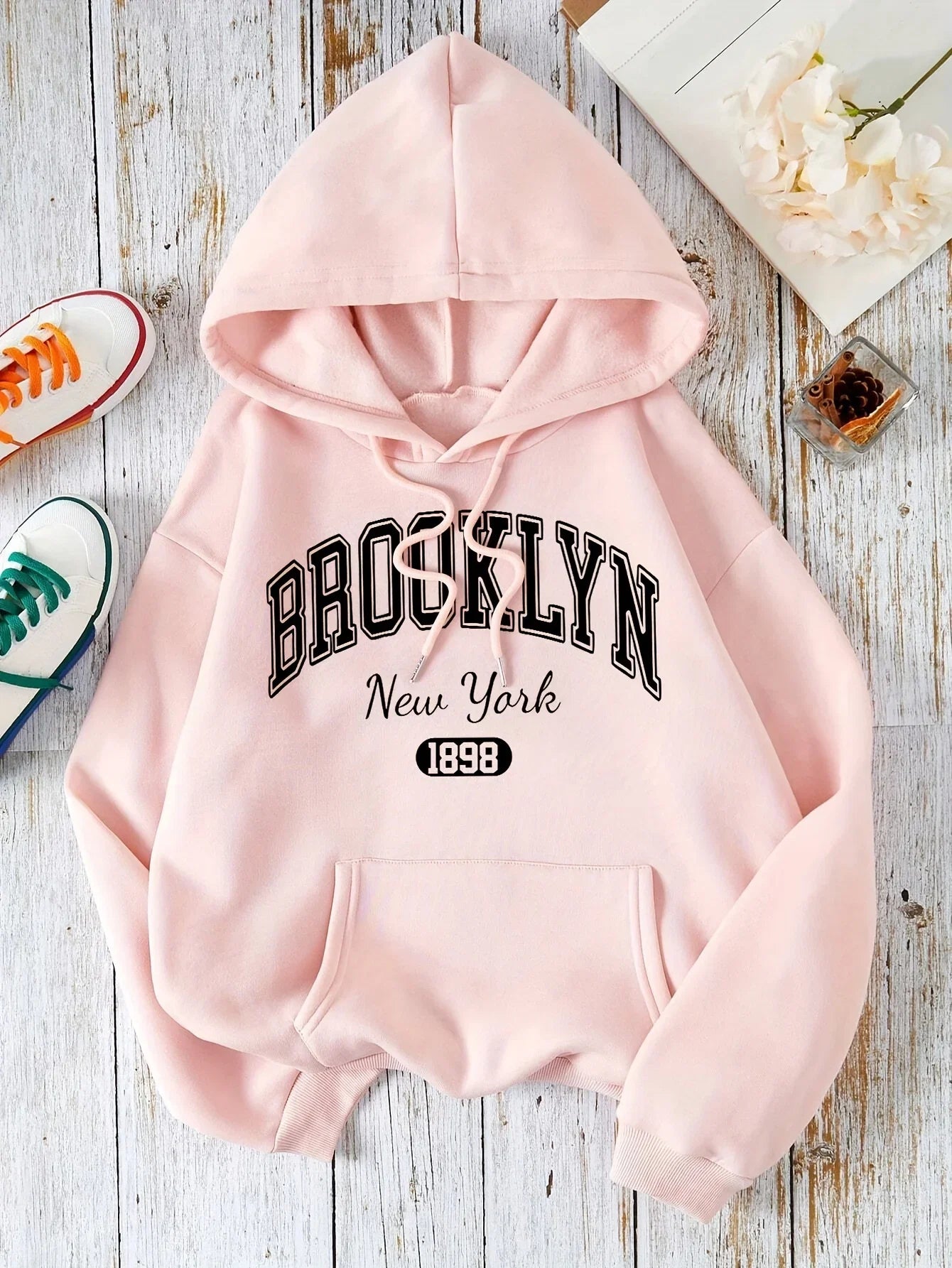 Brooklyn New York 1898 hoodie sweatshirt by LadyShow.Store featuring a casual polyester hooded pullover with alphabet pattern.