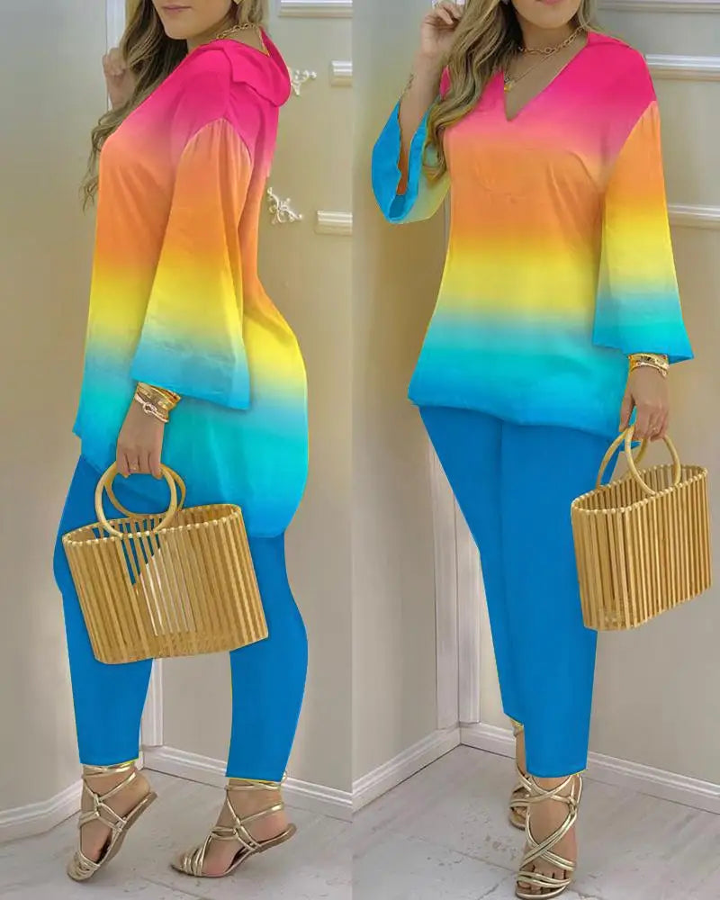Women’s long sleeve V-neck polyester two-piece set with printed design, stylish and comfortable casual outfit from Trendy Attic Store01.