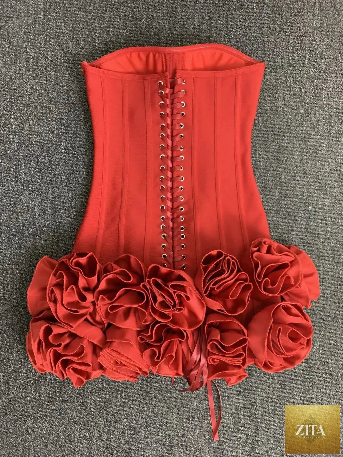 Femstylo women's strapless bandage dress with lace-up back, floral hem, bodycon fit, ideal for evening parties and birthdays.