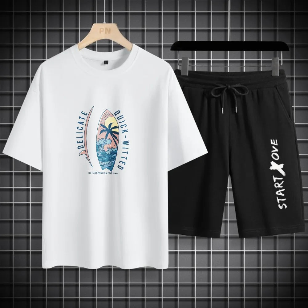 Men's waffle fabric summer casual tracksuit set by THRIXINE, featuring a comfortable activewear design with a hood and matching pants.