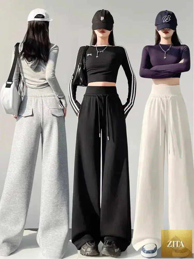 Gray high-waist loose wide-leg straight pants for women by Zita La Belle Elite, casualwear style, shown on a model.