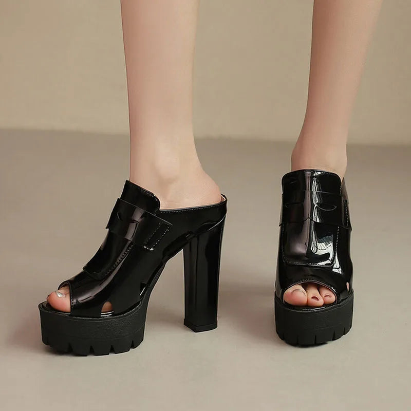 Women’s platform sandals with high chunky heels and patent leather straps, summer slide shoes for women, LadyShow.Store.