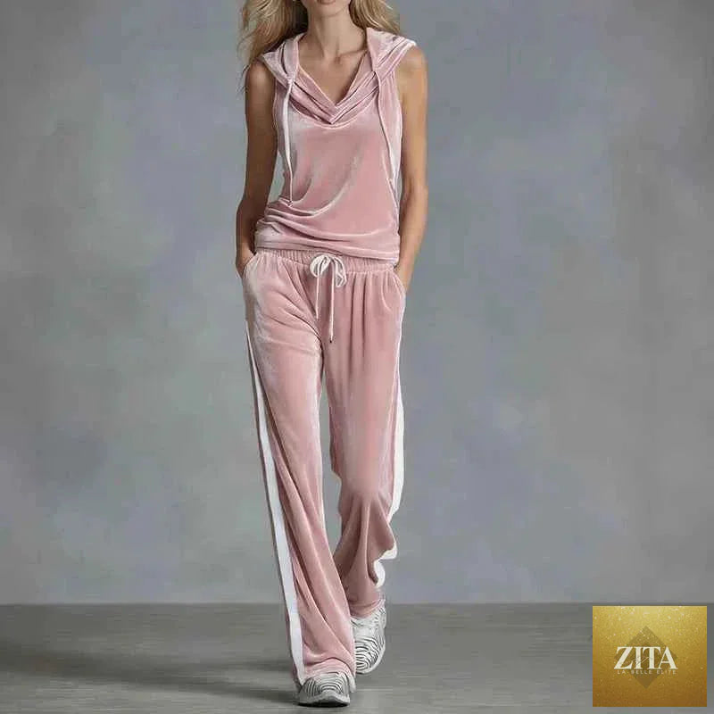 Velvet summer casual women's activewear tracksuit set by THRIXINE, featuring a comfortable top and matching pants.