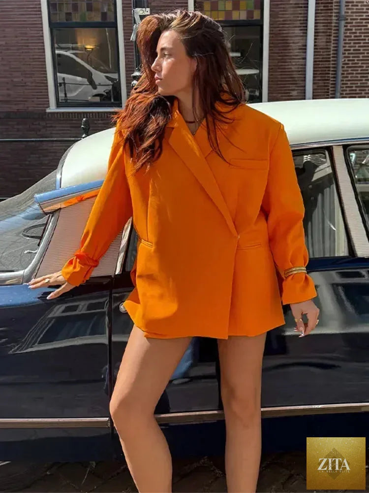 Femstylo women's long sleeve V-neck suit jacket with side buttons, solid color, oversized fit, pocket cuffs, high street fashion.