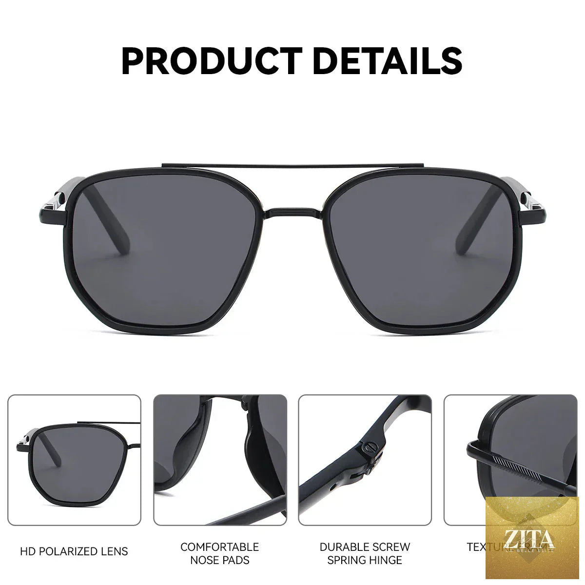 Stevvex polarized sunglasses with polygon frame, striped design, TAC lenses, UV400 protection, suitable for women’s summer outdoor activities.