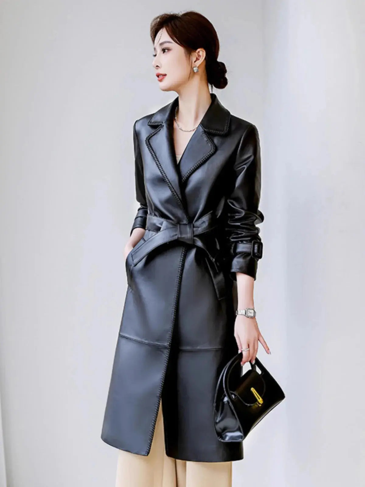 Women's Genuine Leather Trench Coat Lace-Up Long Slim Fit Spring Autumn Sheepskin Top ZITA LA BELLE ÉLITE