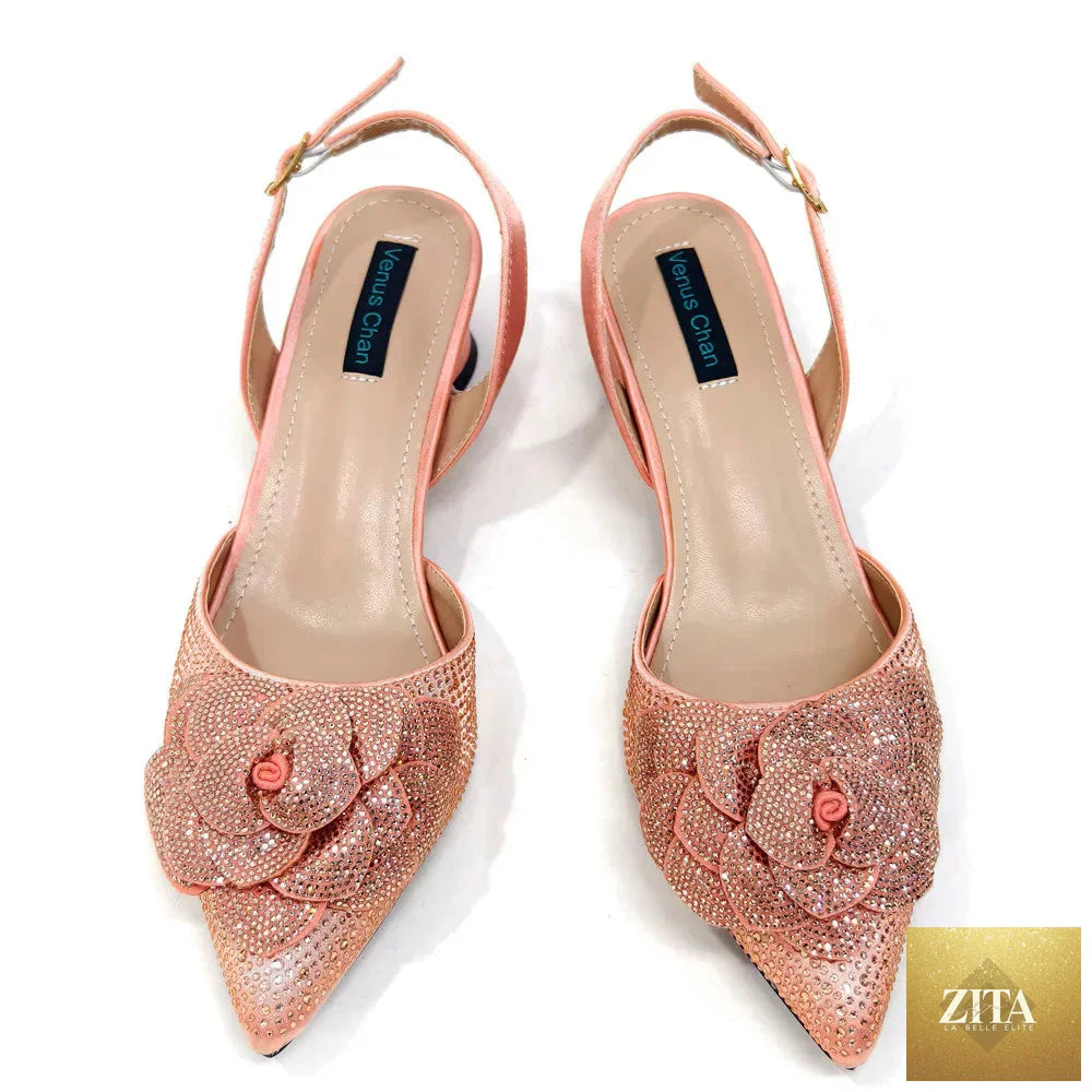 Elegant lady shoes and matching bag set by EdleessFashion, featuring rhinestone accents and luxurious design.