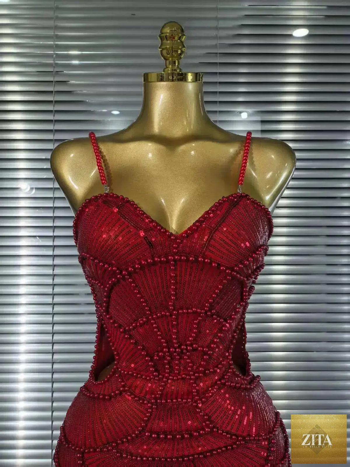 Pearl beaded sleeveless party dress by Femstylo, bodycon Christmas gown with elegant embellishments.