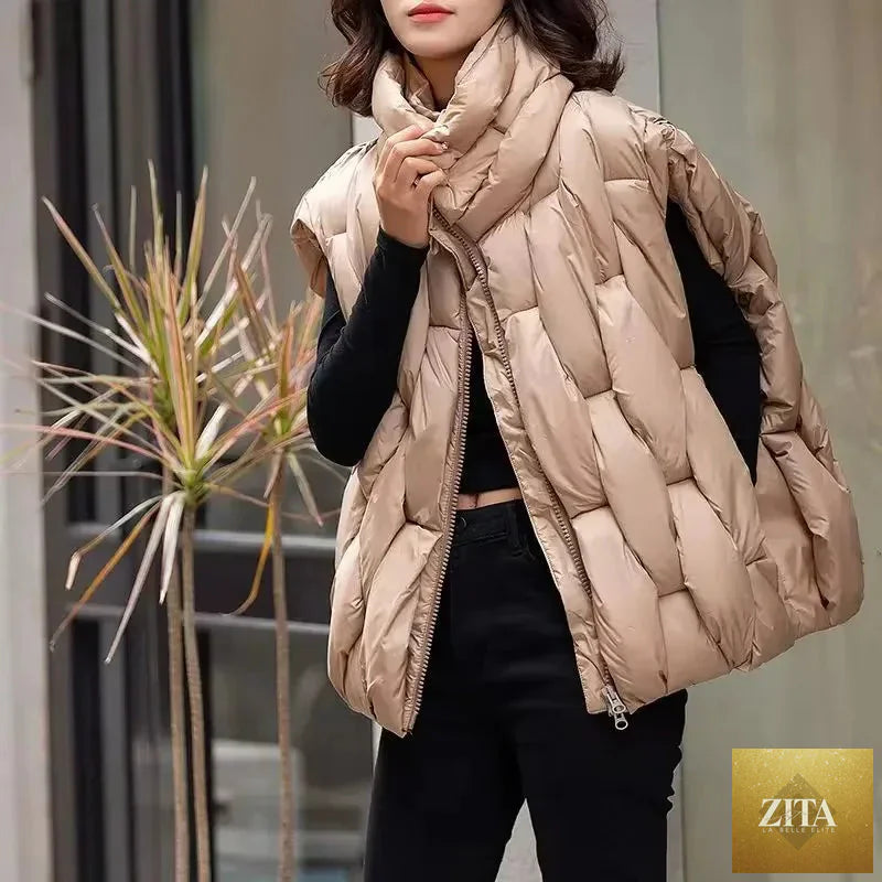 Women Thick Cotton Vest Women Square Weave High Collar Warm Waistcoat Casual Warm Puffer Bubble Sleeveless Jacket