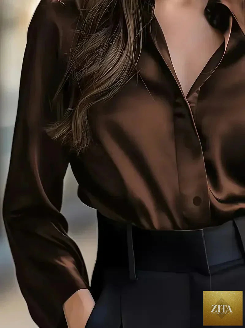 Women’s spring-autumn casual button-up shirt with lapel collar by Zita La Belle Elite, shown in a stylish, comfortable design.
