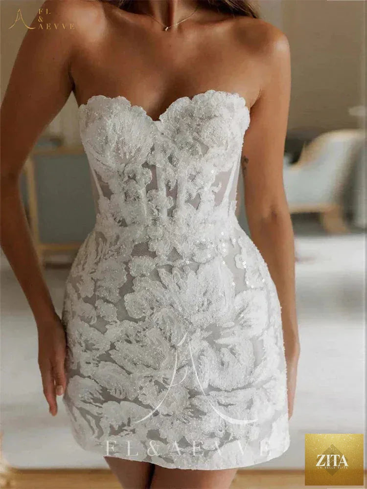 Sexy Glitter Lace Mini Wedding Dress by Femstylo, featuring intricate lace details and a shimmering glitter finish for bridal wear.