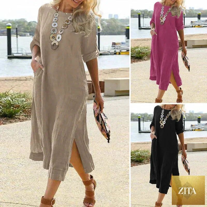 Black spring cotton linen oversize women's long dress with O-neck, pockets, side split, casual loose fit by SHOMICOBOUTIQUE.