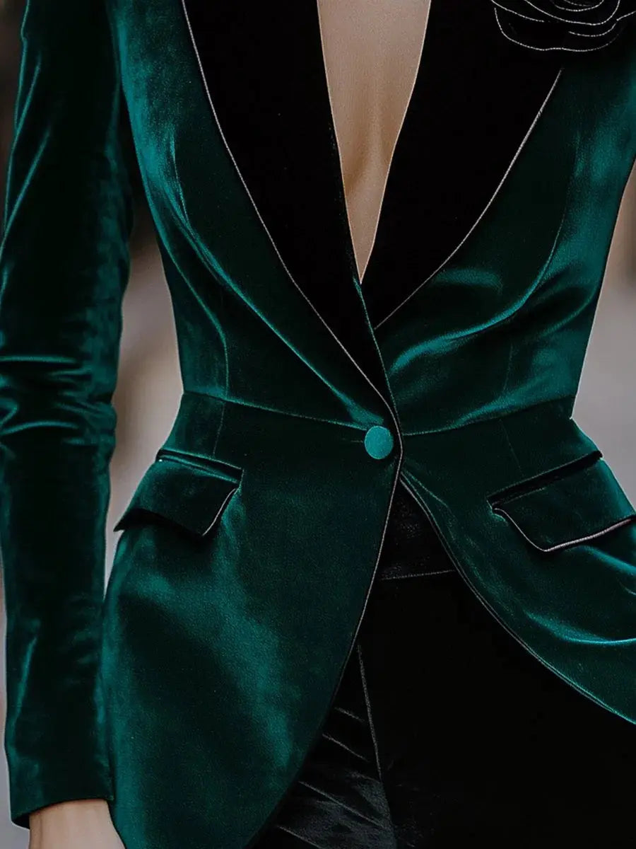 Luxury Green Velvet Blazer for Women Single Breasted 3D Rose Flower Female Blazer Jacket Slim Fit Office Lady Outerwear Coat ZITA LA BELLE ÉLITE