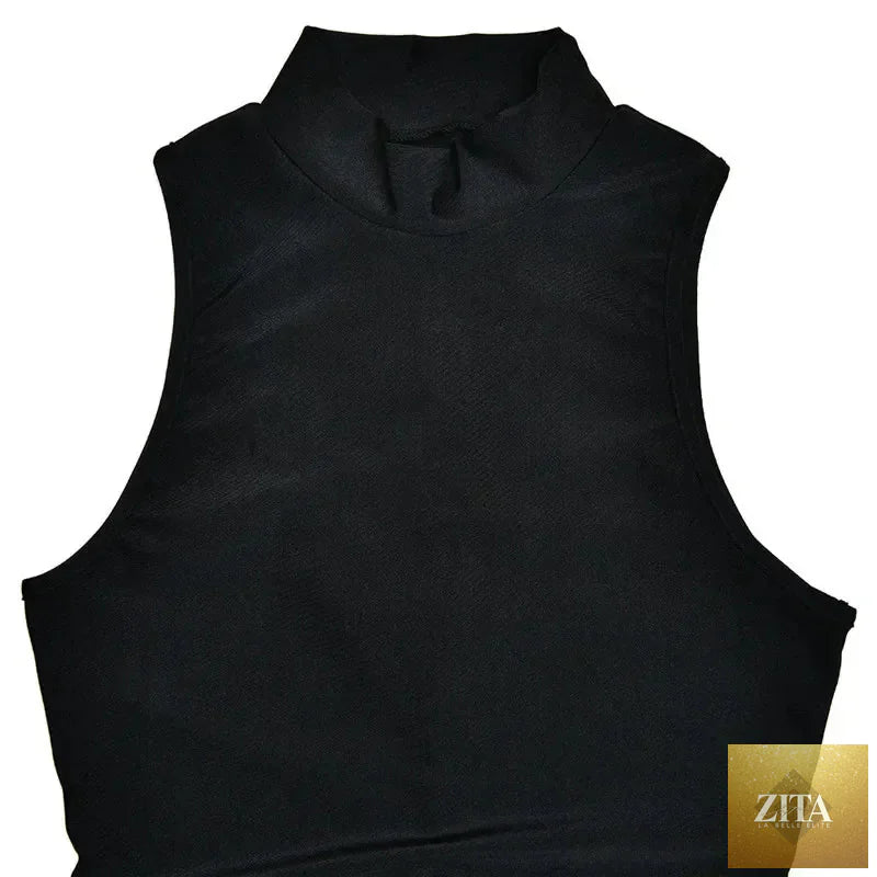 Femstylo sleeveless turtleneck mini party dress with ruched, asymmetrical design, perfect for stylish evening events.