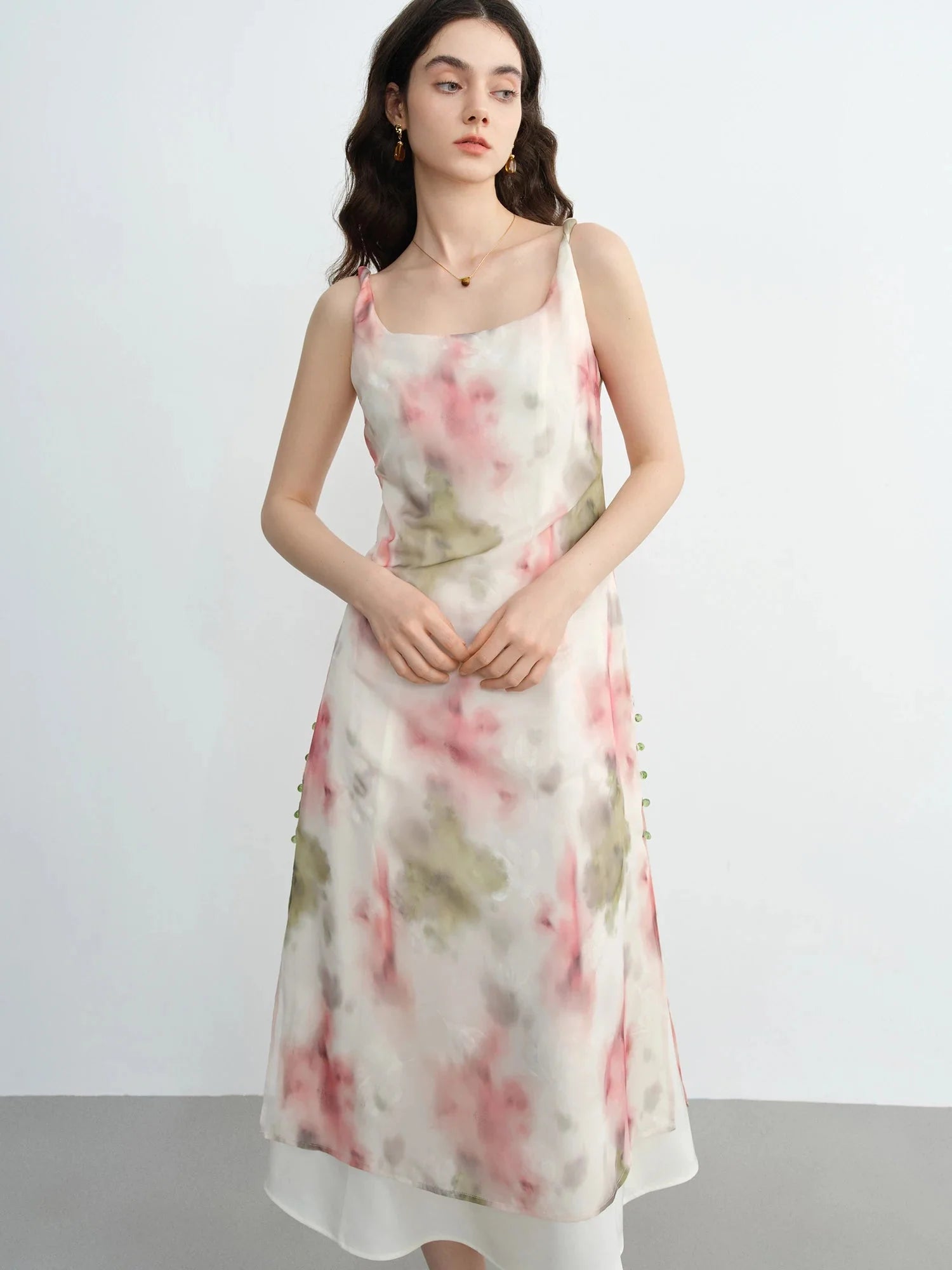 Plus size Loran flocked blush strap dress with romantic summer style, featuring a flattering fit and delicate floral texture.