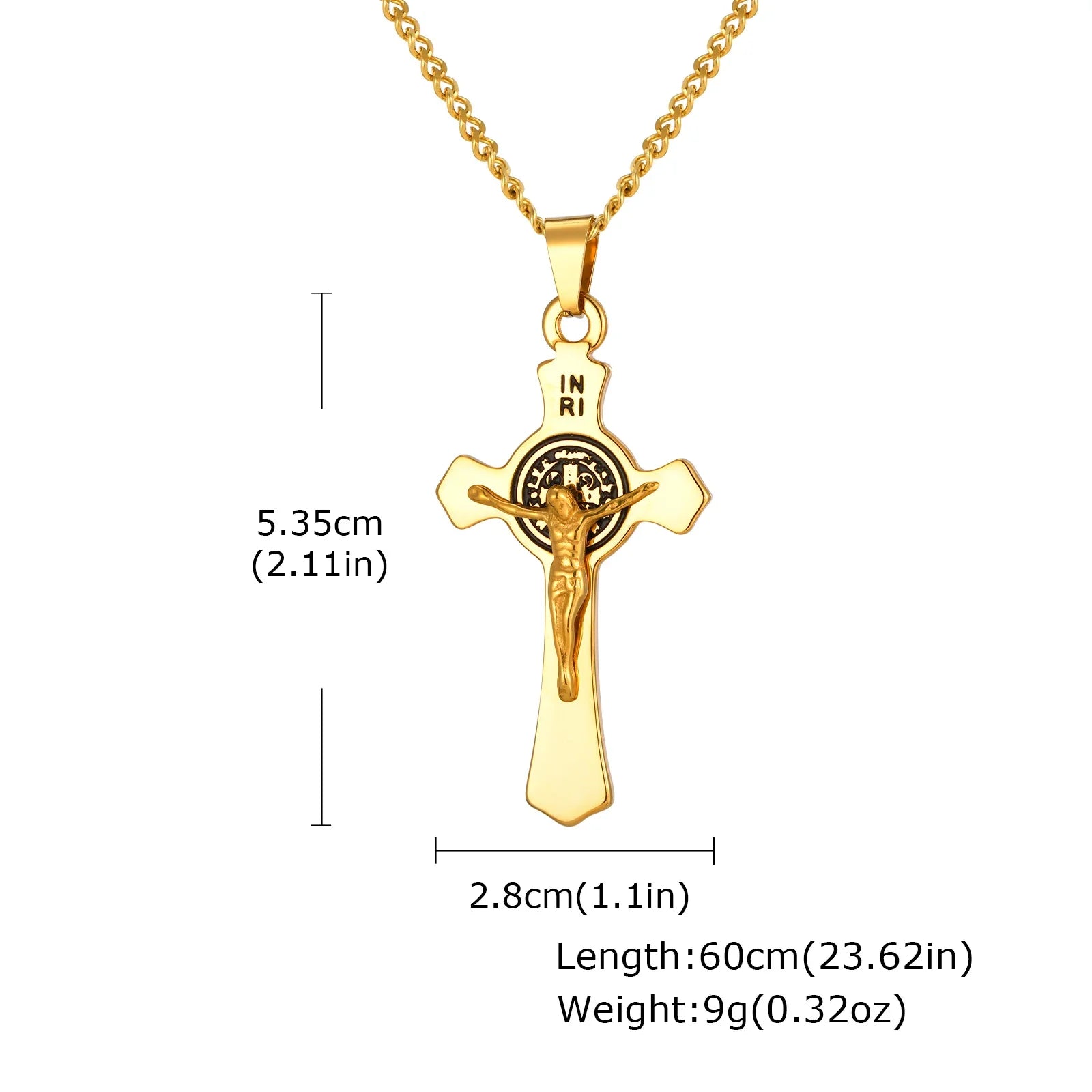 Stainless steel Catholic cross necklace with Jesus pendant in gold color, faith jewelry for men and women, prayer accessory.