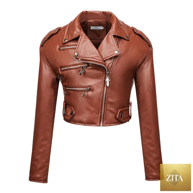 Women slim short PU leather jacket with cotton lining, high waist, long sleeves, and lapel collar, by SMinvite, LLC.
