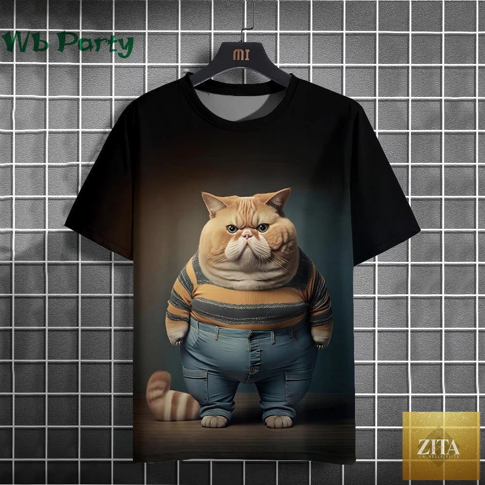 Black streetwear Y2K graphic T-shirt with colorful cat print by Zita La Belle Elite, casual and trendy for modern fashion.