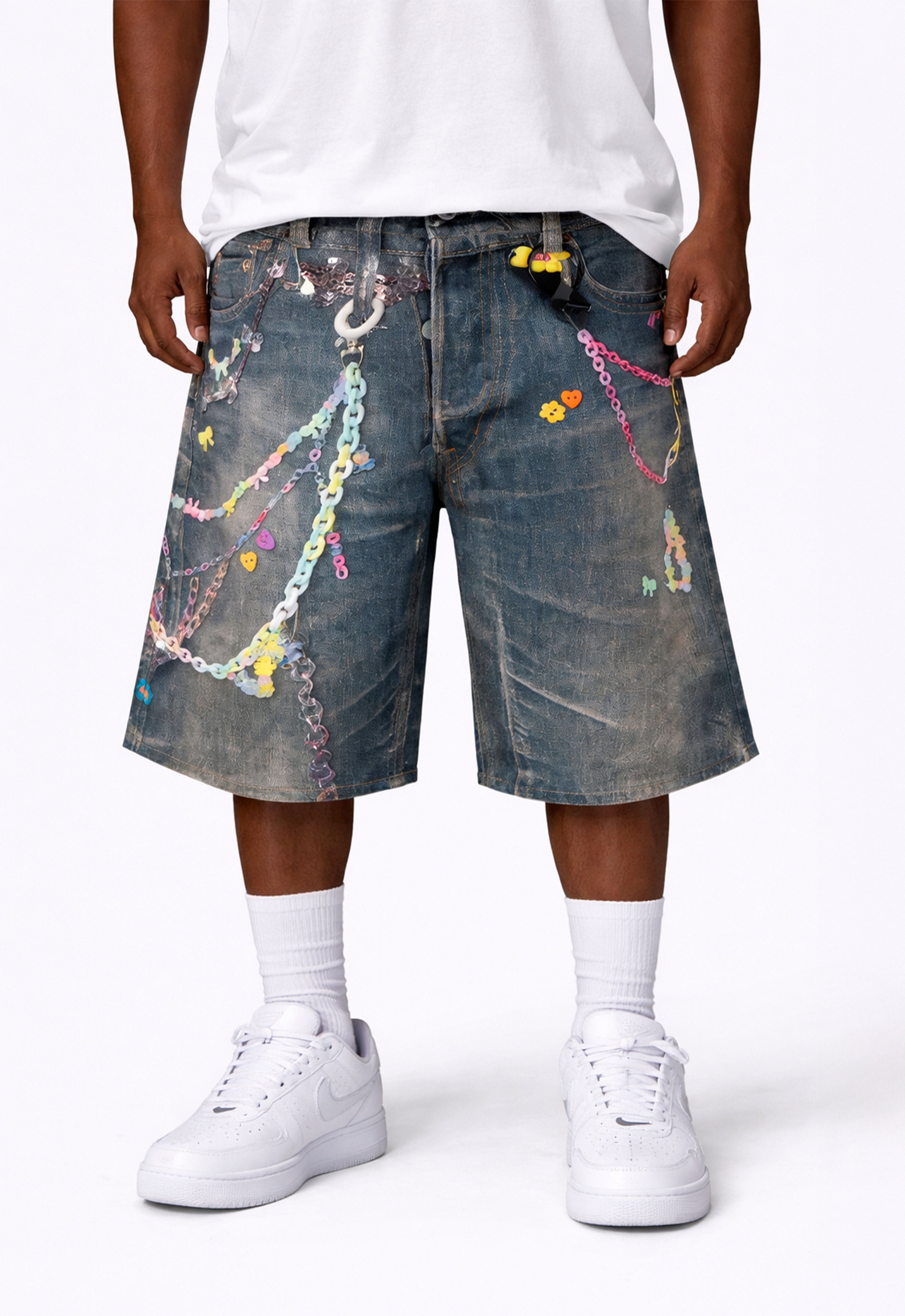 Undeveloped Lucky Denim Shorts shown hanging, featuring classic blue denim with a frayed hem and casual fit.