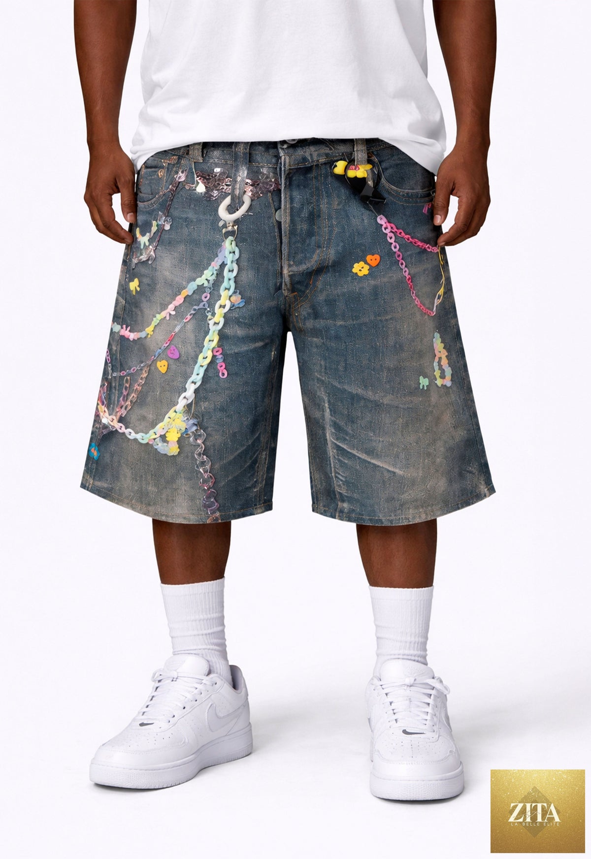 Blue UNDEVELOPED Lucky Denim Shorts with distressed details and frayed hem, displayed on a neutral background.