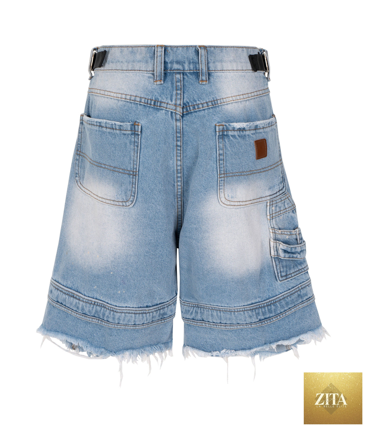 Blue distressed cargo shorts by UNDEVELOPED, showing front view with multiple pockets and rugged fabric detail.