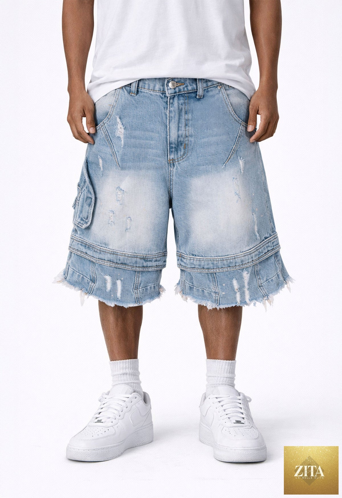 Black distressed cargo shorts from UNDEVELOPED with multiple pockets and a relaxed fit, shown on a mannequin.