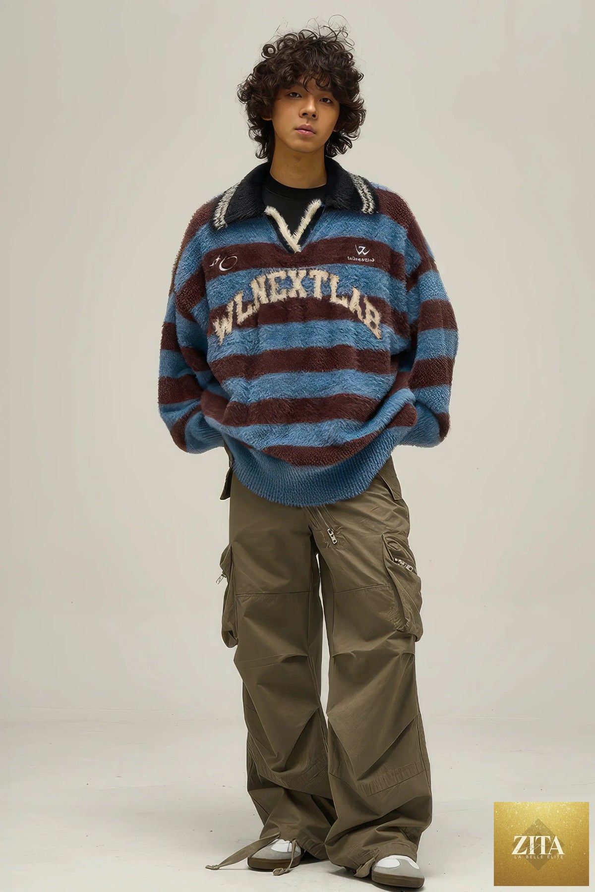 American style oversized knit sweater from 4inme, featuring thick yarn, relaxed fit, and cozy design in neutral tones.