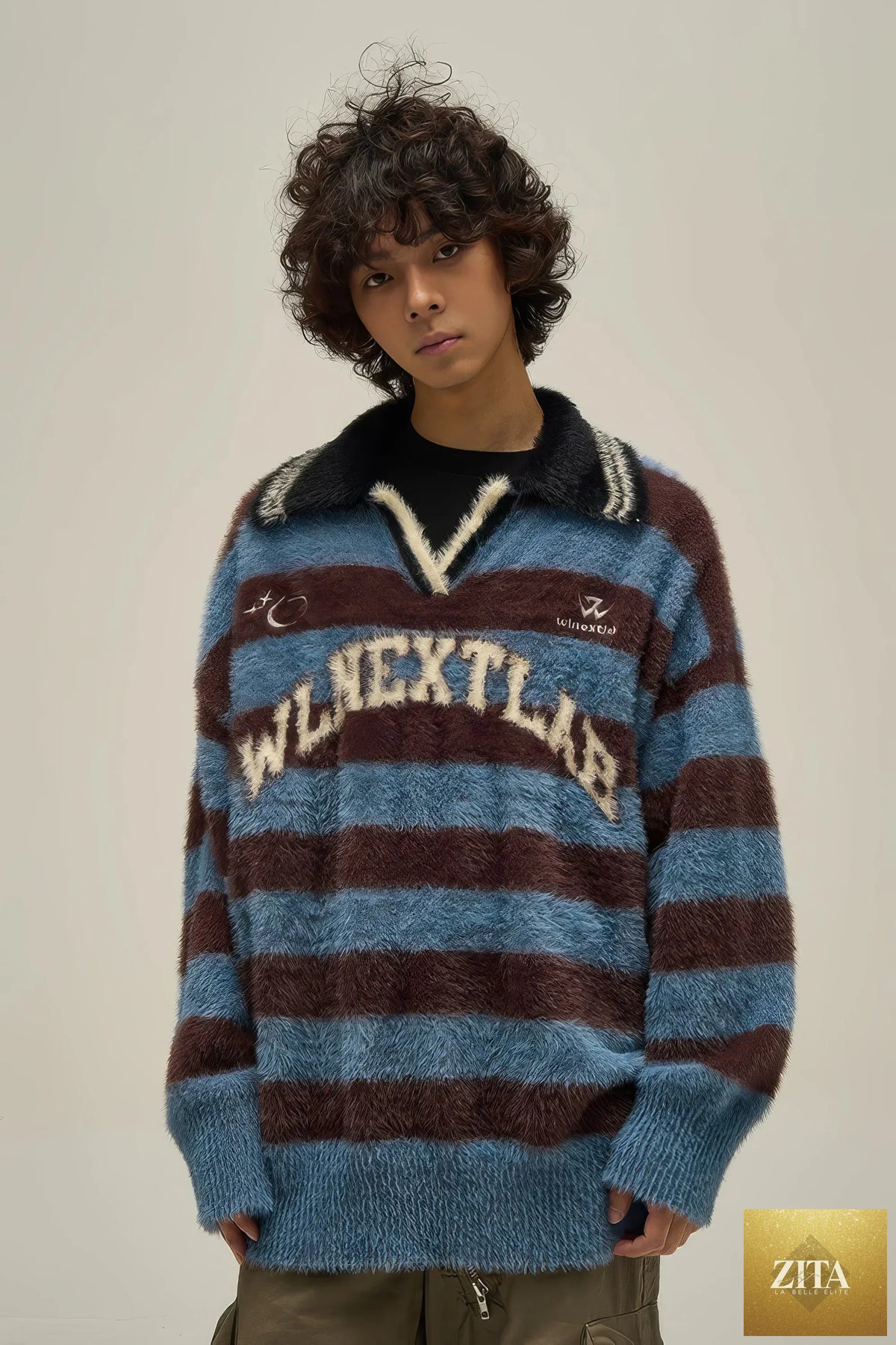 American style oversized knit sweater by 4inme, featuring a cozy, chunky design in neutral tones and relaxed fit.