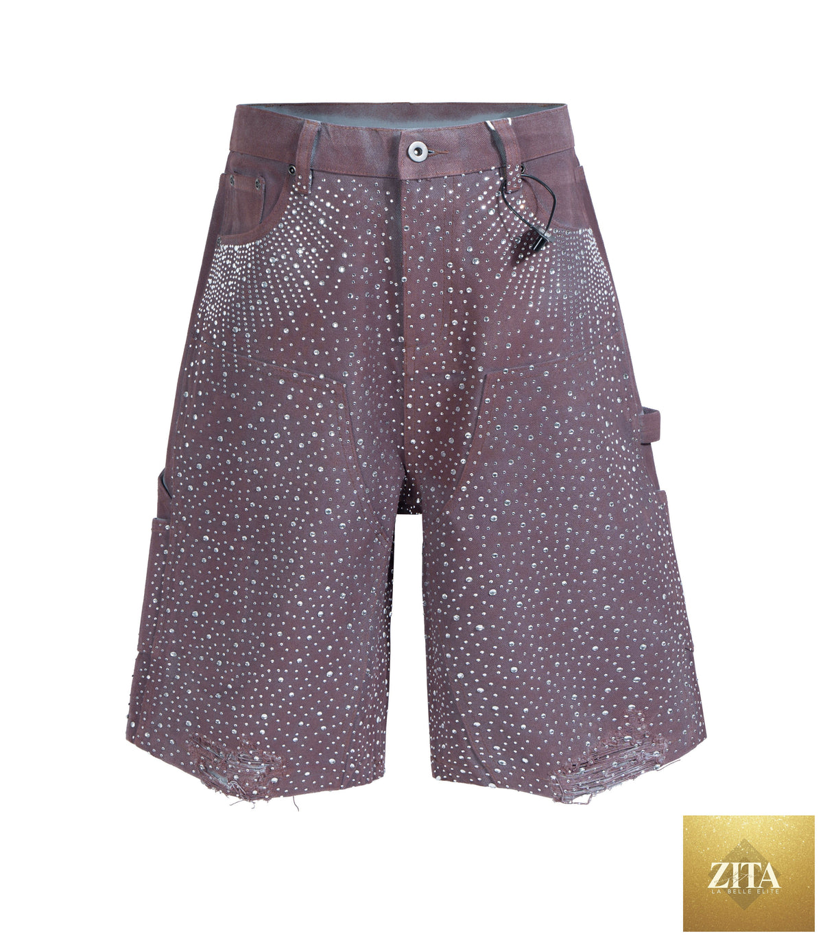 Undeveloped plum rhinestone shorts with sparkling embellishments, stylish short length, and vibrant purple color.
