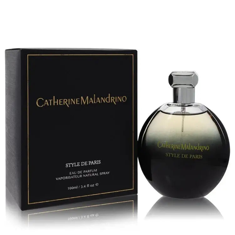 Catherine Malandrino Style De Paris perfume for women in a sleek bottle, displayed with elegant floral accents.
