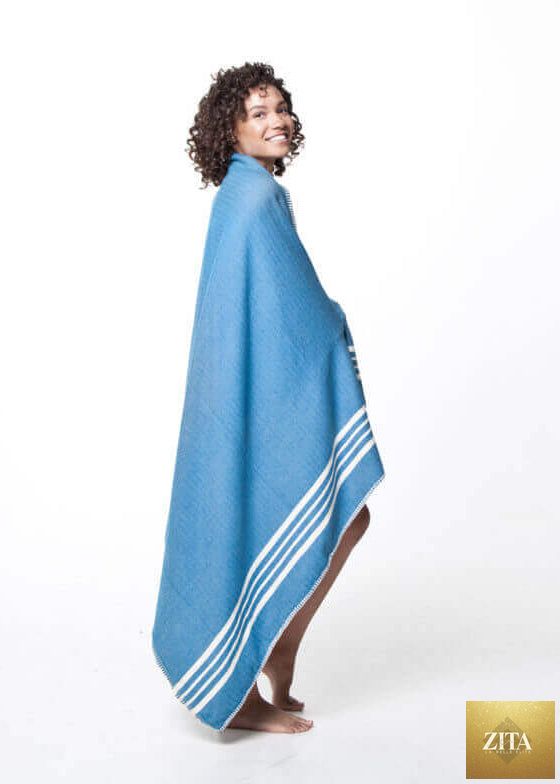 Blue Farm House Turkish Towel bundle by Zita La Belle Elite, featuring a soft, lightweight, fringeless Turkish towel displayed flat.